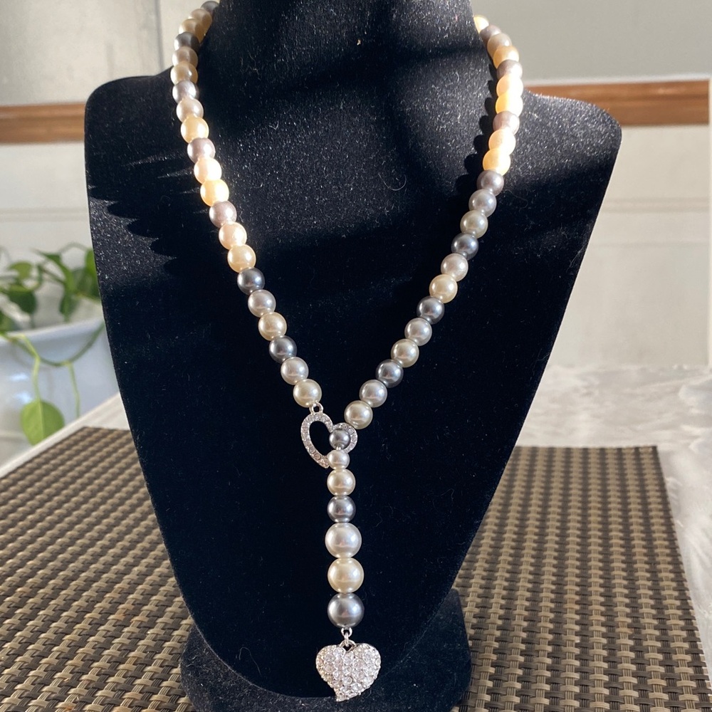 NRT. Two-Tone Faux Pearl Necklace with Pave Heart Pendant - Cream & Silver